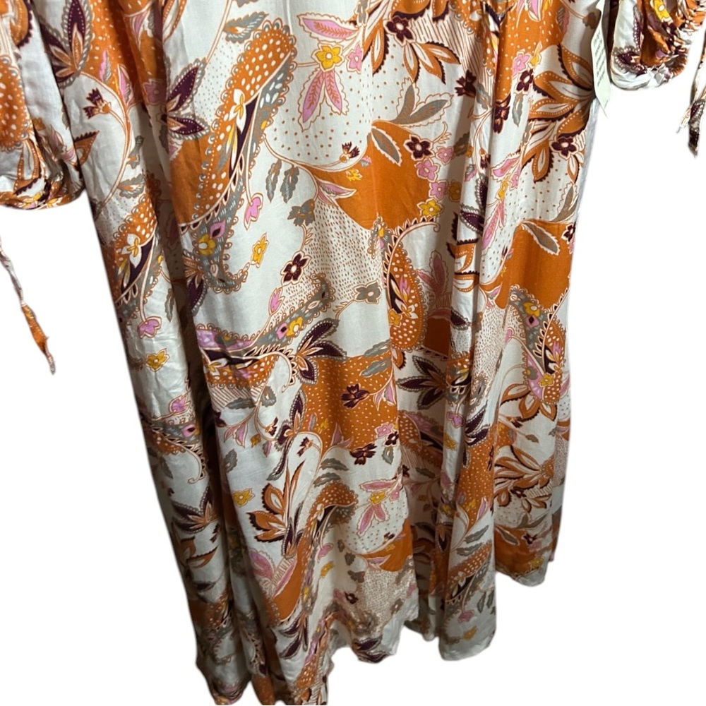 Böhme Cream Orange Floral Paisley Maxi Boho Dress Size Medium Balloon Sleeve - Picture 6 of 11